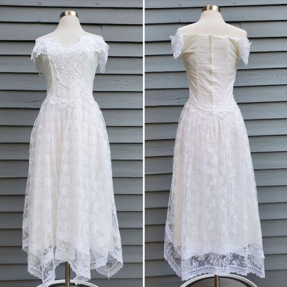 Vintage 90s y2k Scott McClintock White Lace Boho Prairie Cottagecore Midi Dress - Picture 2 of 9